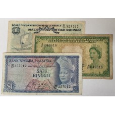 MALAYSIA 1953, 1957, 1967 . ONE 1 and FIVE 5 DOLLARS . RARE BANKNOTES